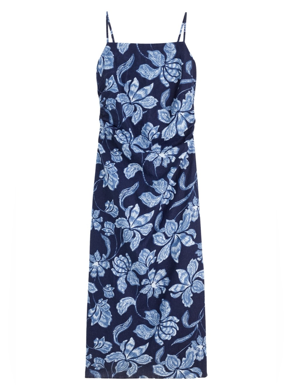 Madewell Sharona Ruched Linen Midi Dress Indigo Navy Blue Size 14 NWT